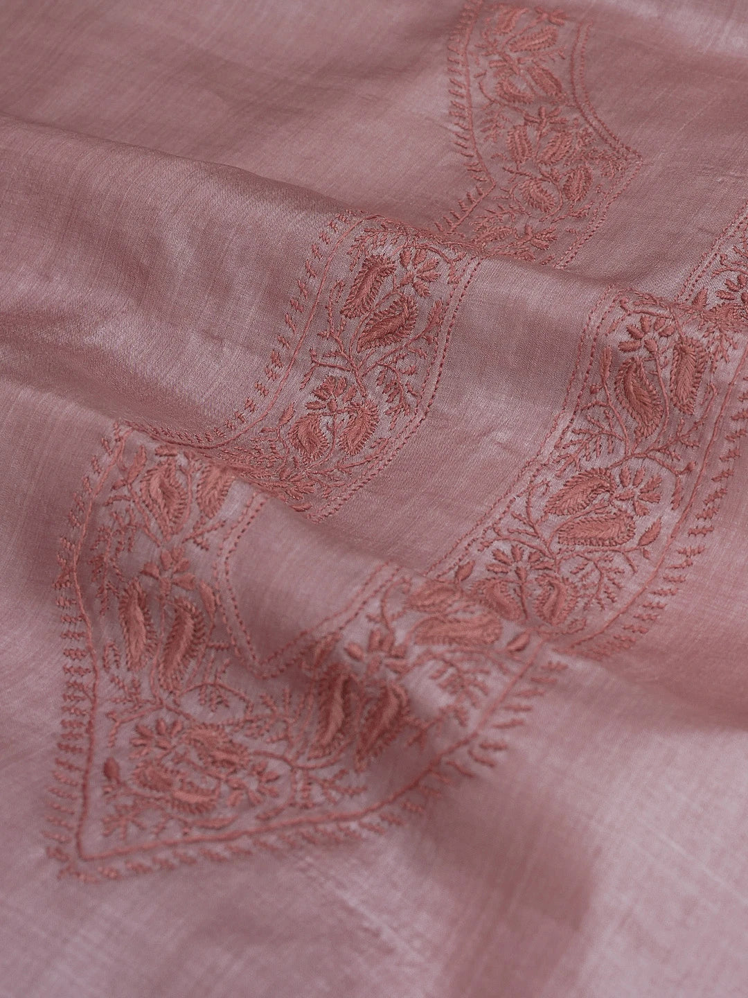 Ada Hand Embroidered Dusty Peach Silk Lucknowi Chikankari Men's Kurta Piece 01A627029