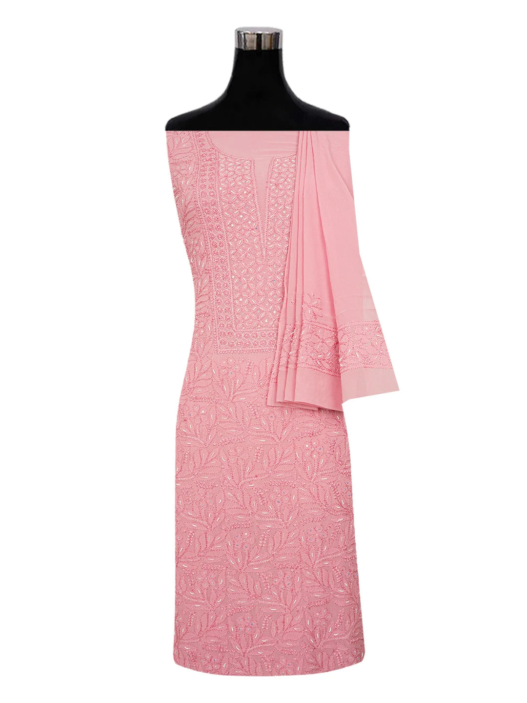 Ada Hand Embroidered Rose Pompadour PInk Viscose Georgette Lucknowi Chikankari Unstitched Kurta Dupatta Set With Cutdana Work 01A578816