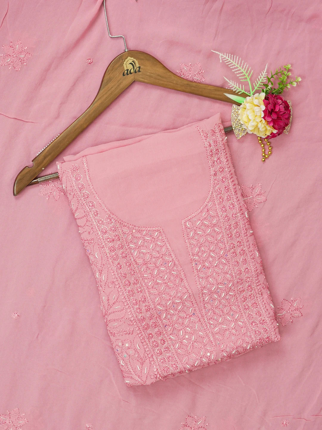 Ada Hand Embroidered Rose Pompadour PInk Viscose Georgette Lucknowi Chikankari Unstitched Kurta Dupatta Set With Cutdana Work 01A578816