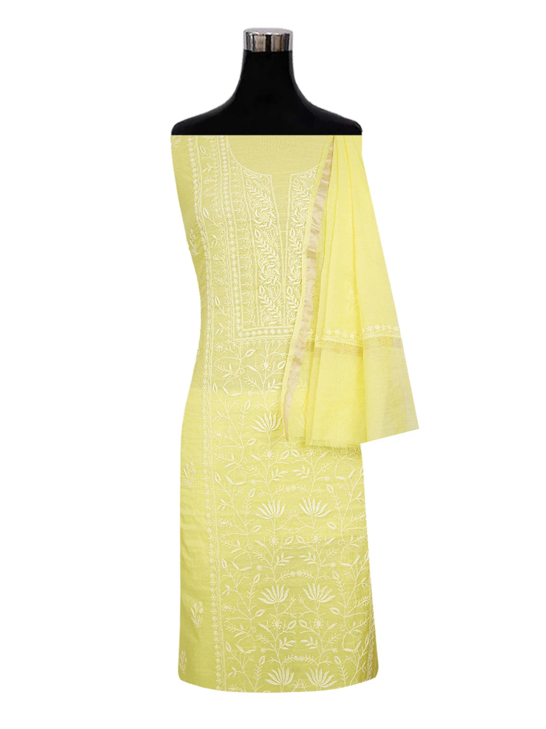 Ada Hand Embroidered Yellow Chanderi Lucknowi Chikankari Unstitched Kurta Dupatta Set 01A605347