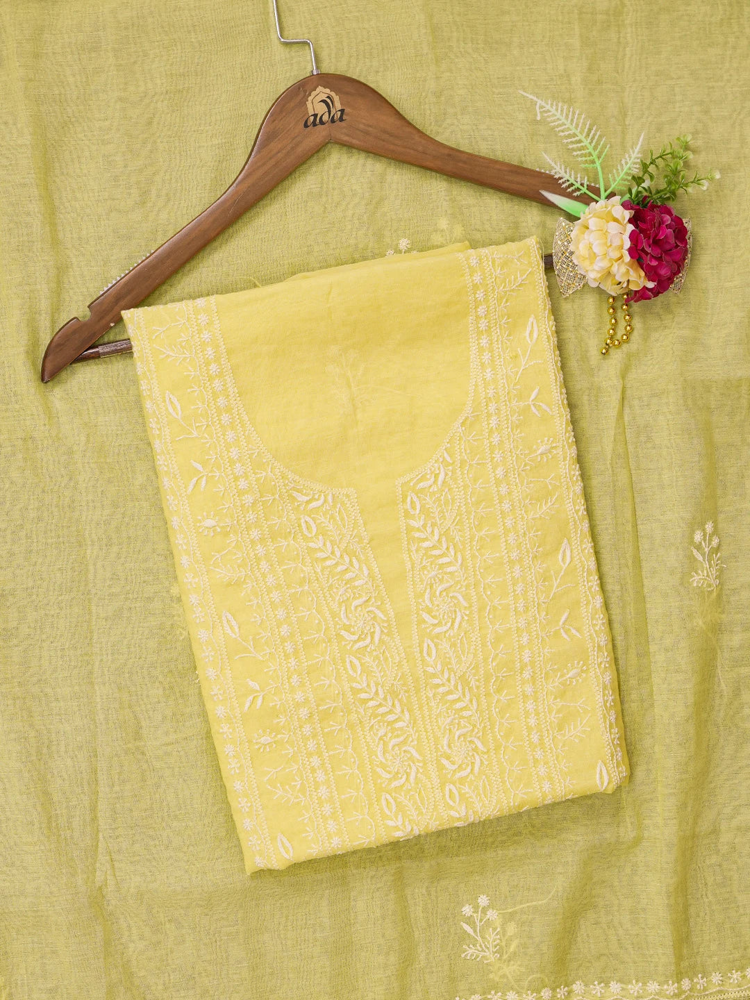 Ada Hand Embroidered Yellow Chanderi Lucknowi Chikankari Unstitched Kurta Dupatta Set 01A605347