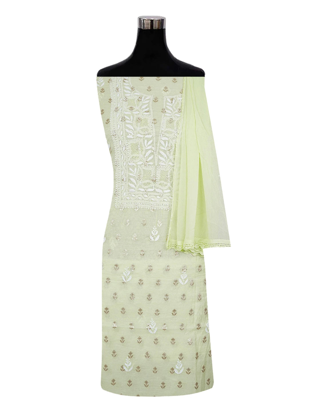 Ada Hand Embroidered Lime Green Chanderi Lucknowi Chikankari Unstitched Kurta Dupatta Set 01A483229