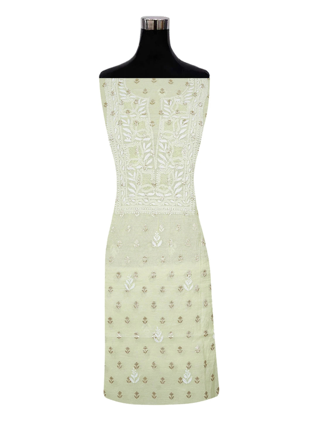 Ada Hand Embroidered Lime Green Chanderi Lucknowi Chikankari Unstitched Kurta Dupatta Set 01A483229