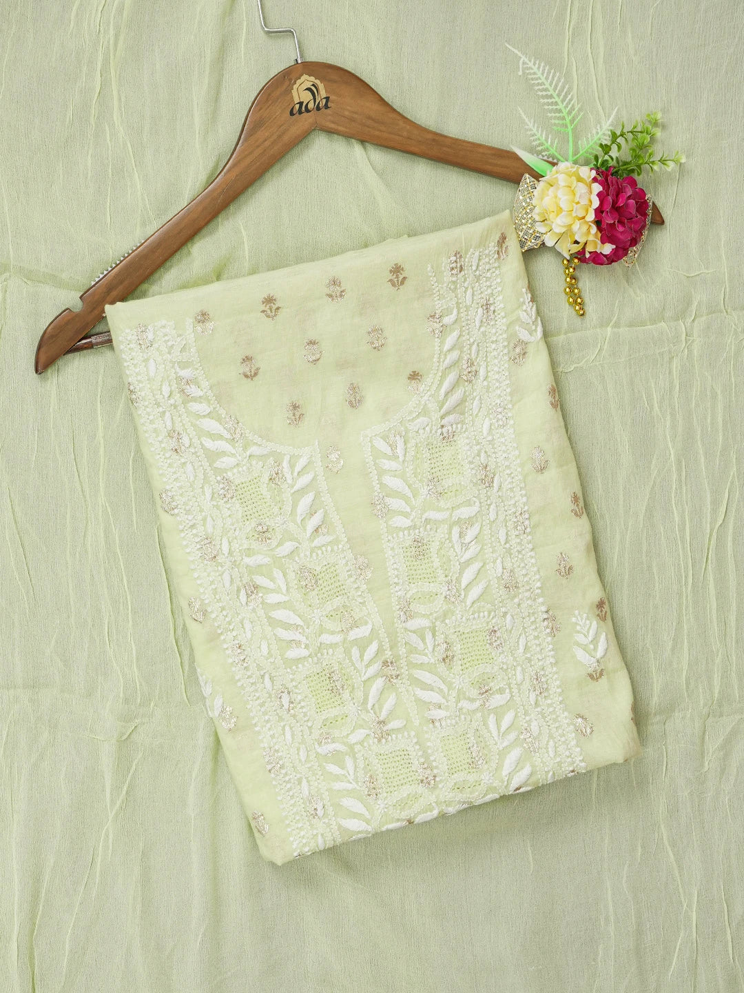 Ada Hand Embroidered Lime Green Chanderi Lucknowi Chikankari Unstitched Kurta Dupatta Set 01A483229