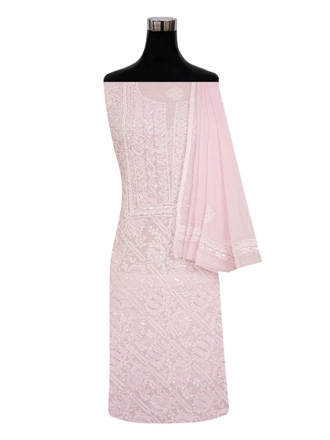Ada Hand Embroidered Pink Kota Lucknowi Chikankari Unstitched Kurta Dupatta Set with Cutdana and Sequinned Work 01A581956