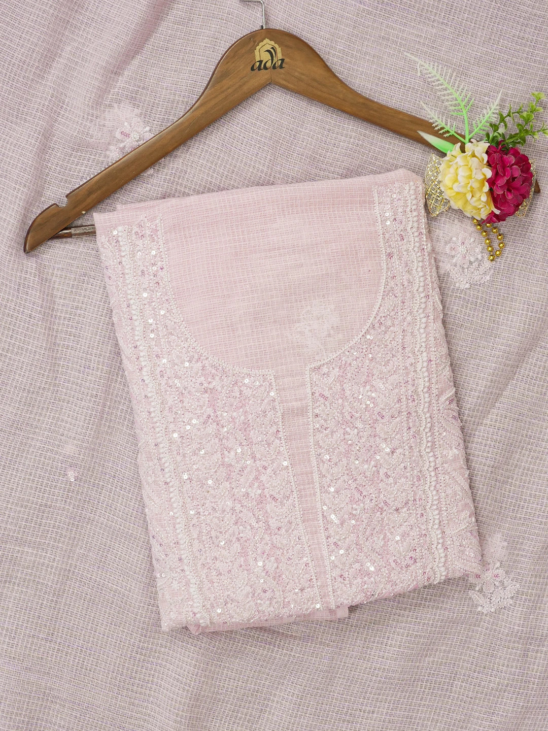 Ada Hand Embroidered Pink Kota Lucknowi Chikankari Unstitched Kurta Dupatta Set with Cutdana and Sequinned Work 01A581956