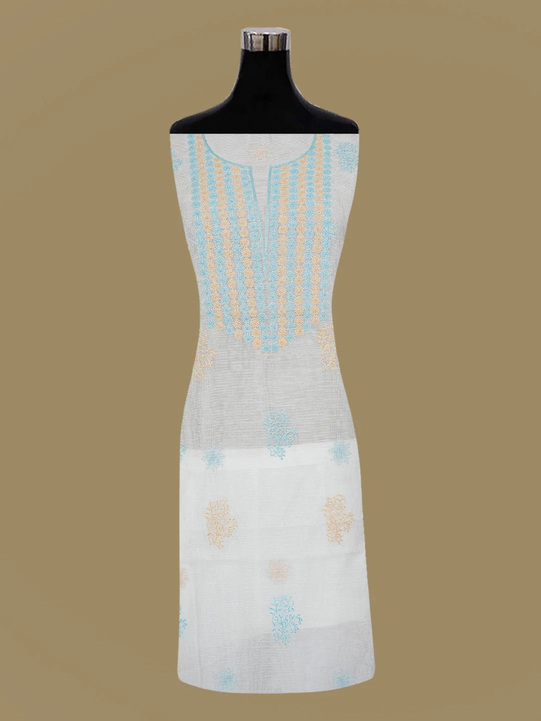Ada Hand Embroidered White Kota Lucknowi Chikankari Unstitched Kurta Dupatta Set 01A116600