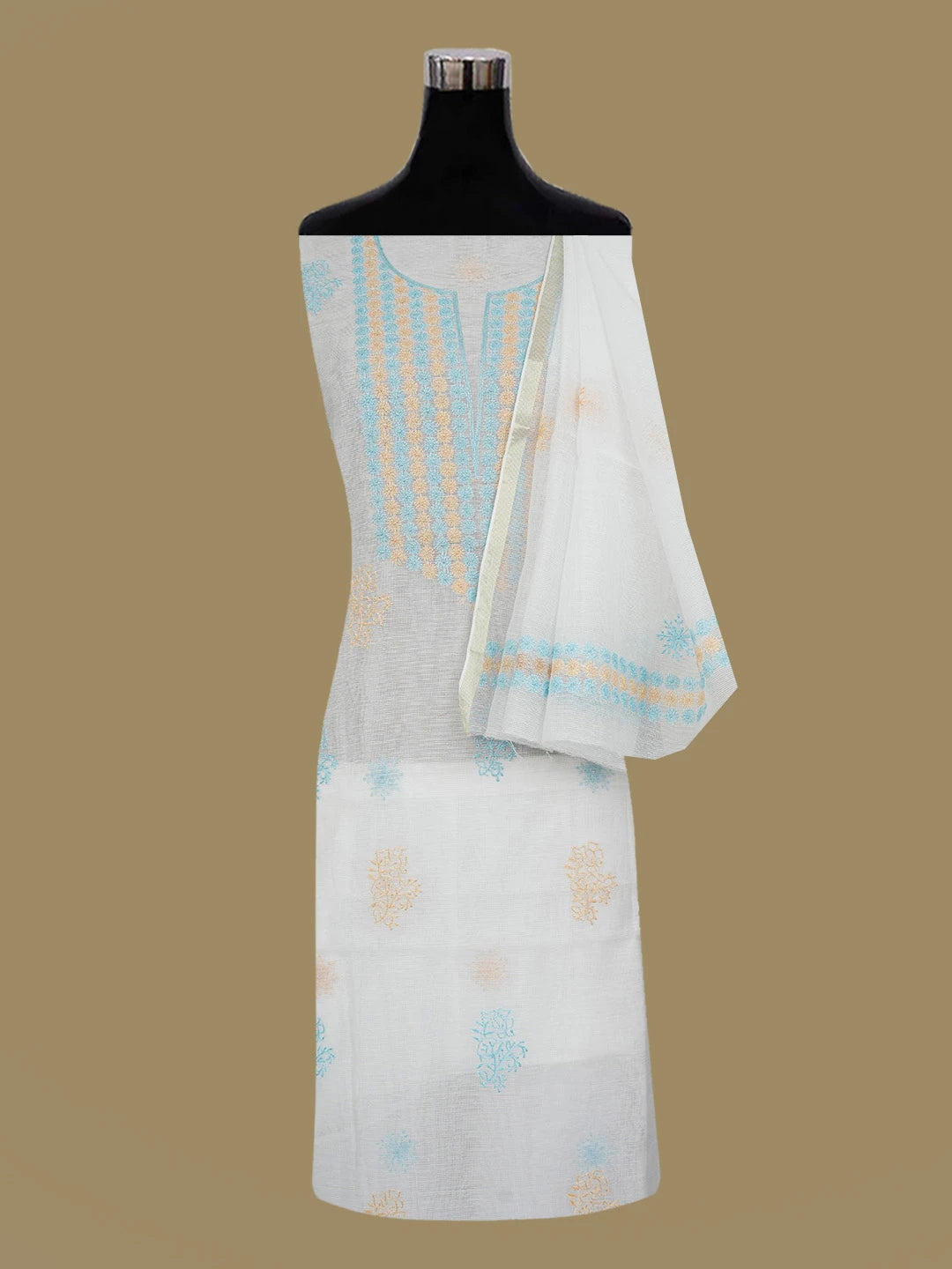 Ada Hand Embroidered White Kota Lucknowi Chikankari Unstitched Kurta Dupatta Set 01A116600