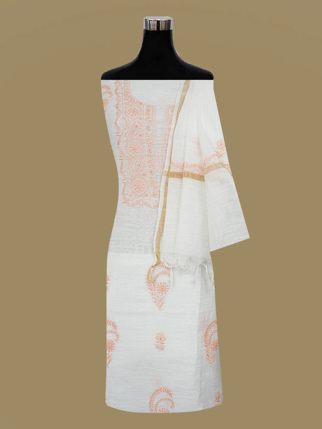 Ada Hand Embroidered White Chanderi Lucknowi Chikankari Unstitched Kurta Dupatta Set 01A435292