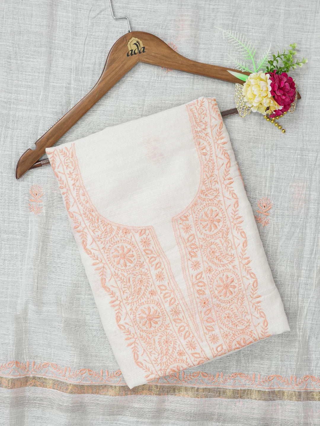 Ada Hand Embroidered White Chanderi Lucknowi Chikankari Unstitched Kurta Dupatta Set 01A435292