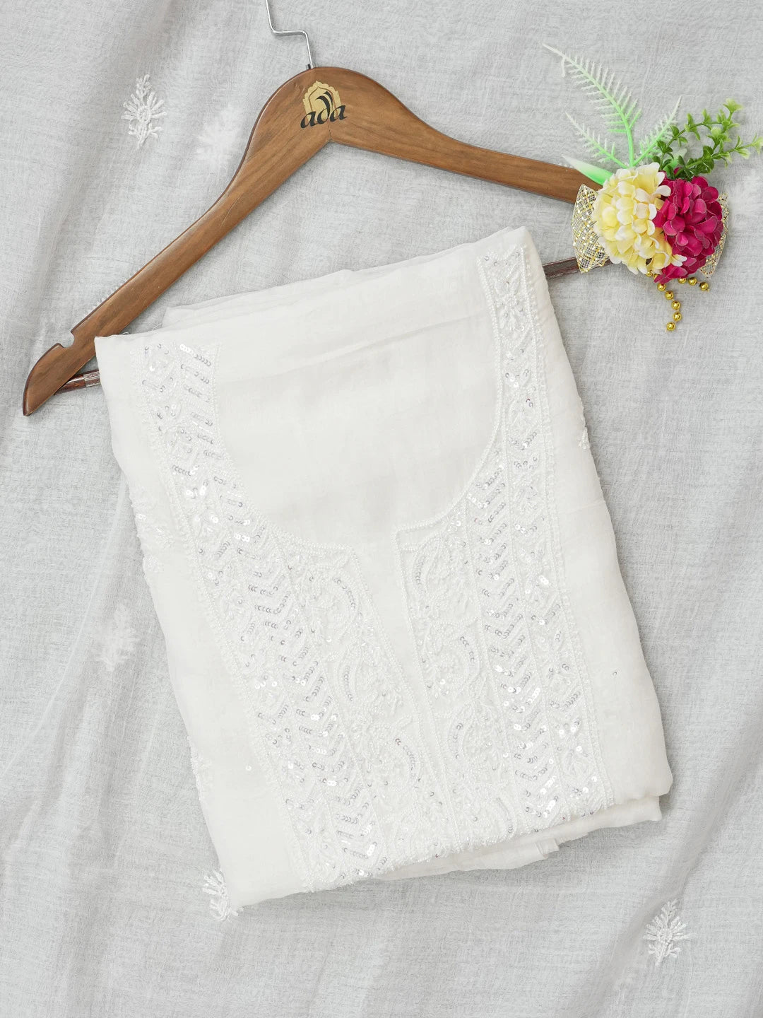 Ada Hand Embroidered White Chanderi Lucknowi Chikankari Unstitched Kurta Dupatta Set with Cutdana and Sequinned Work 01A610044