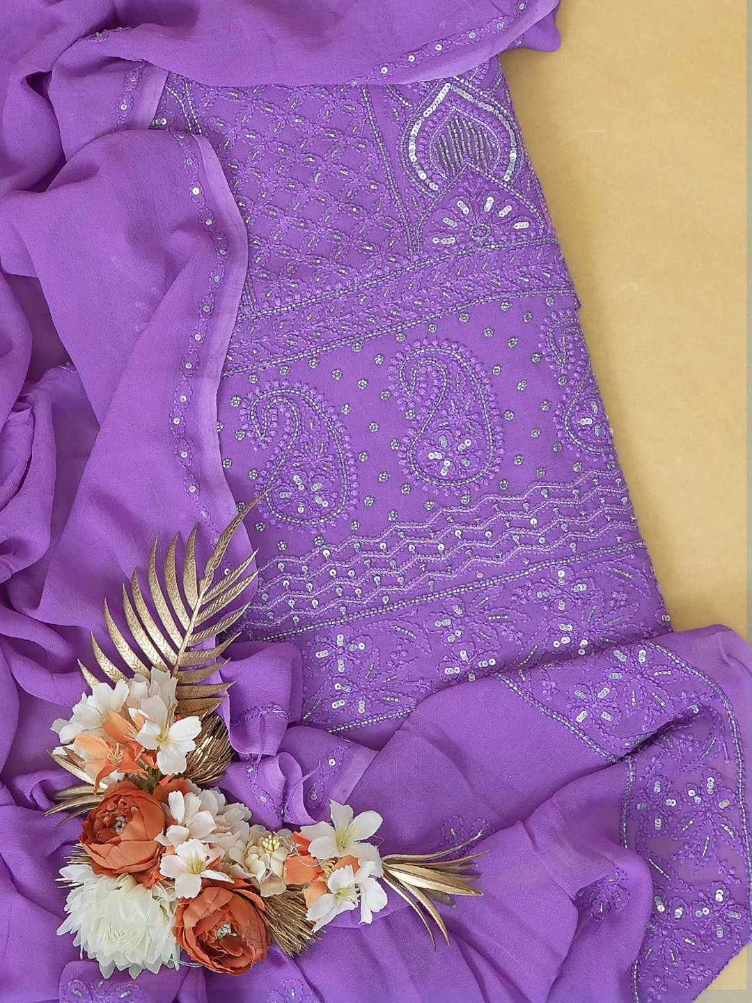 Ada Hand Embroidered Mauve Viscose Georgette Lucknowi Chikankari Unstitched Kurta Dupatta Set with Cutdana and Sequinned Work 01A416959