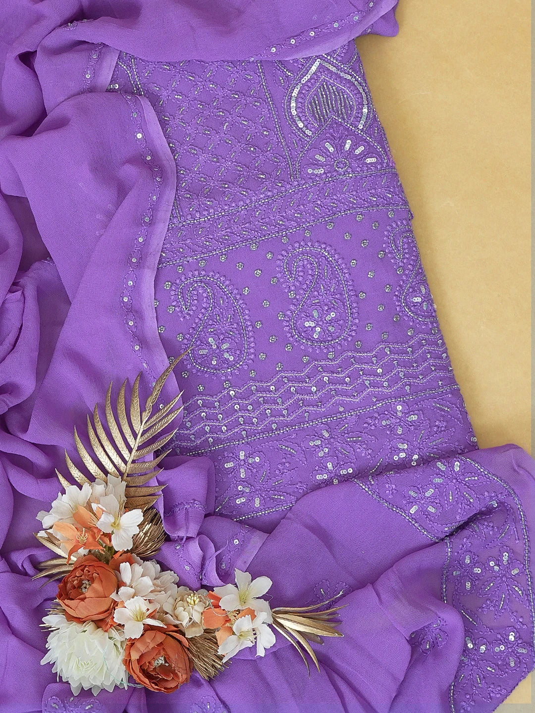 Ada Hand Embroidered Mauve Viscose Georgette Lucknowi Chikankari Unstitched Kurta Dupatta Set with Cutdana and Sequinned Work 01A416959