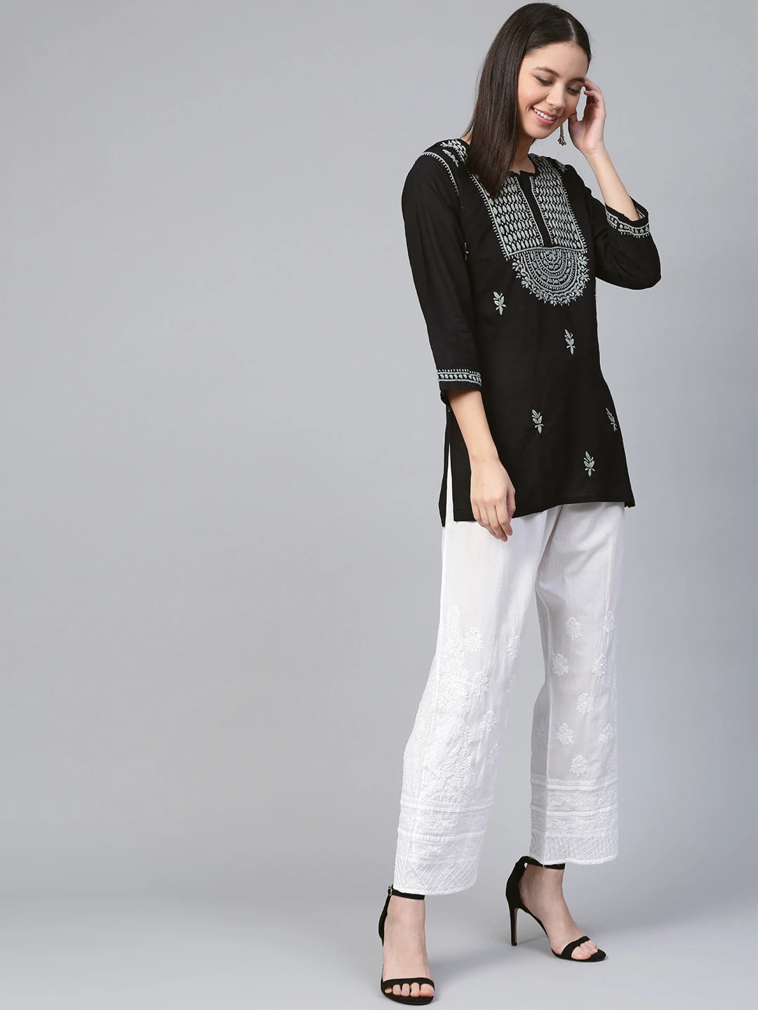 Ada Hand Embroidered Black Cotton Lucknowi Chikankari Straight Kurti A100554