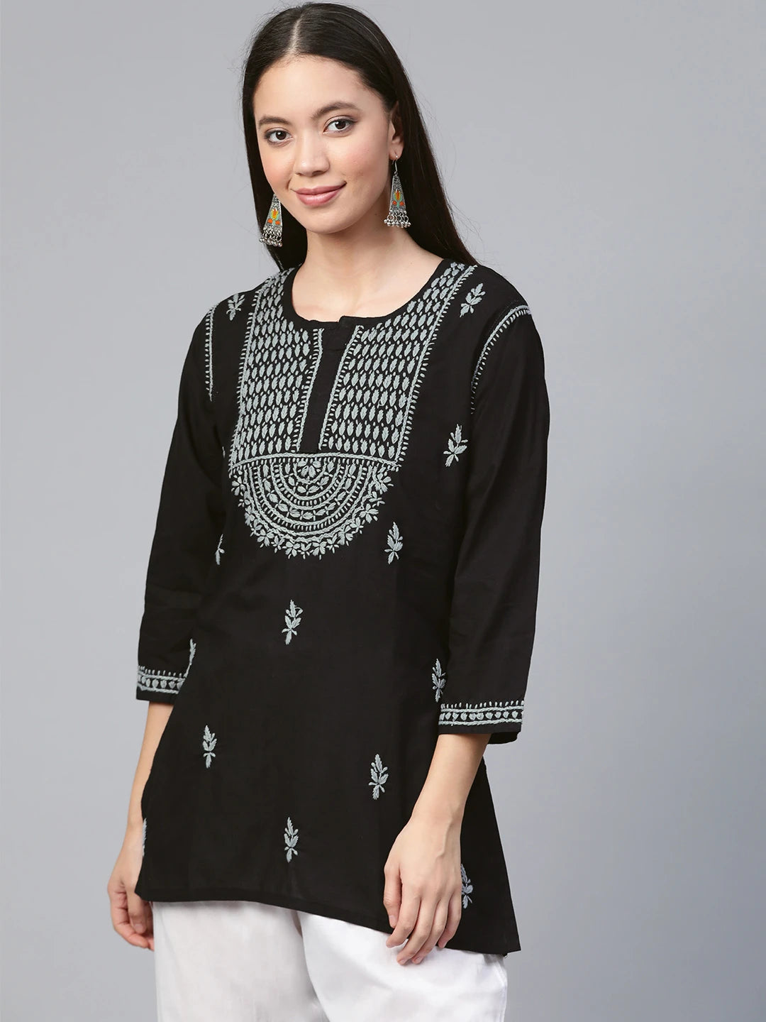Ada Hand Embroidered Black Cotton Lucknowi Chikankari Straight Kurti A100554