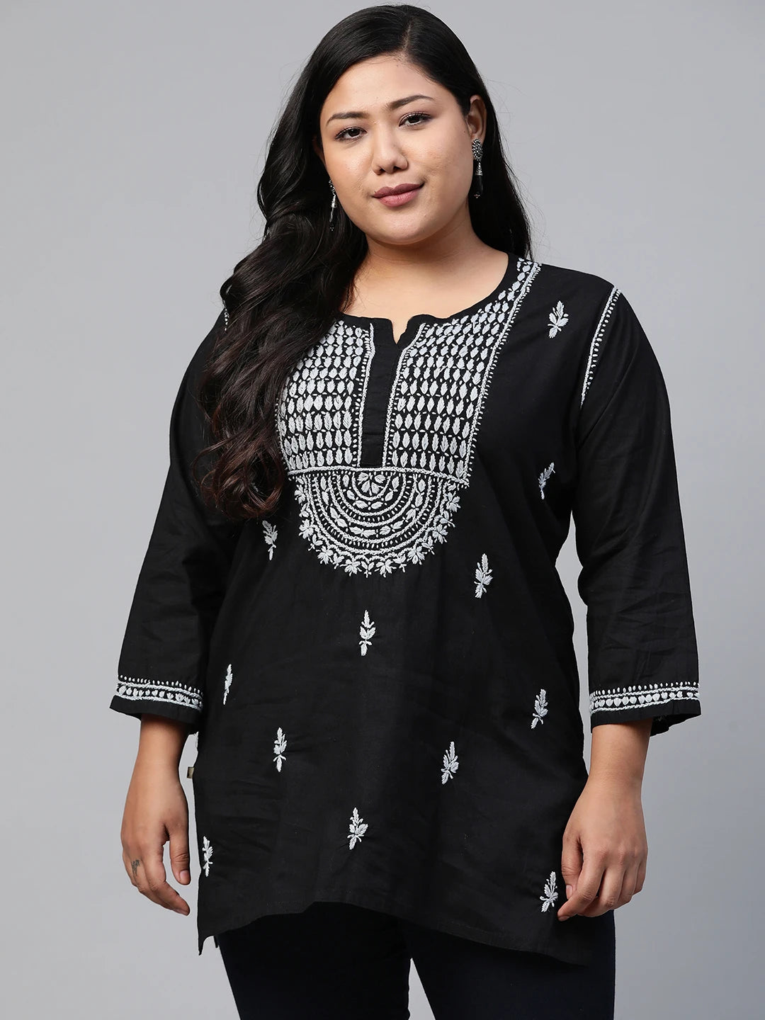 Ada Hand Embroidered Black Cotton Lucknowi Chikankari Straight Kurti A100554