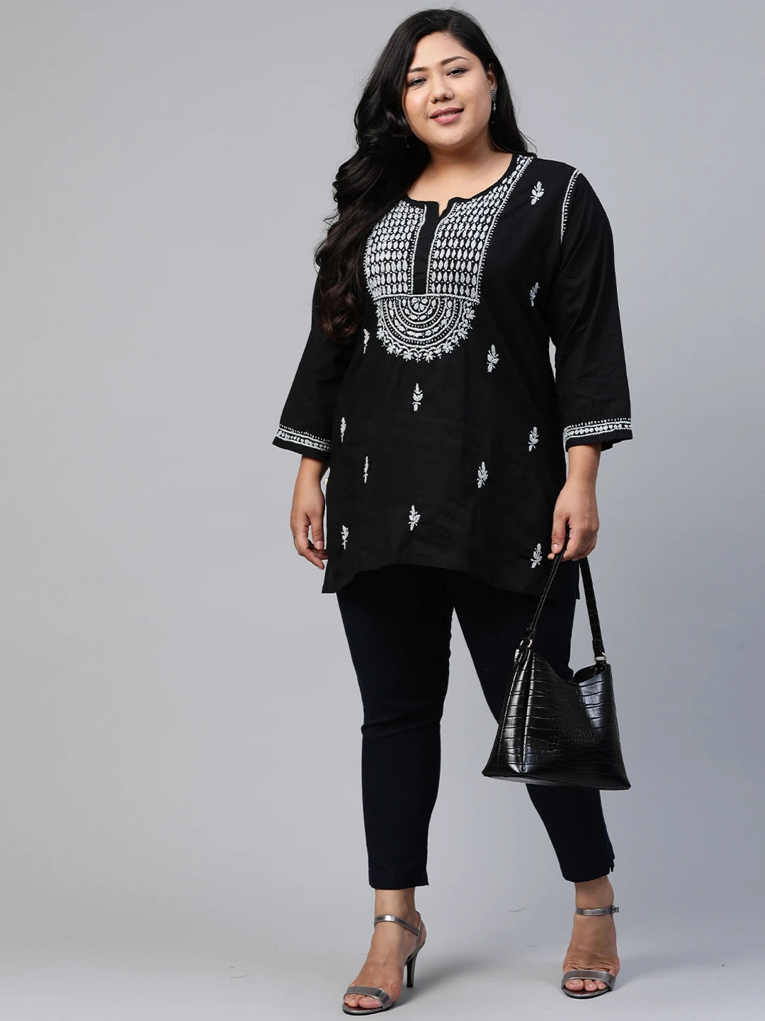 Ada Hand Embroidered Black Cotton Lucknowi Chikankari Straight Kurti A100554