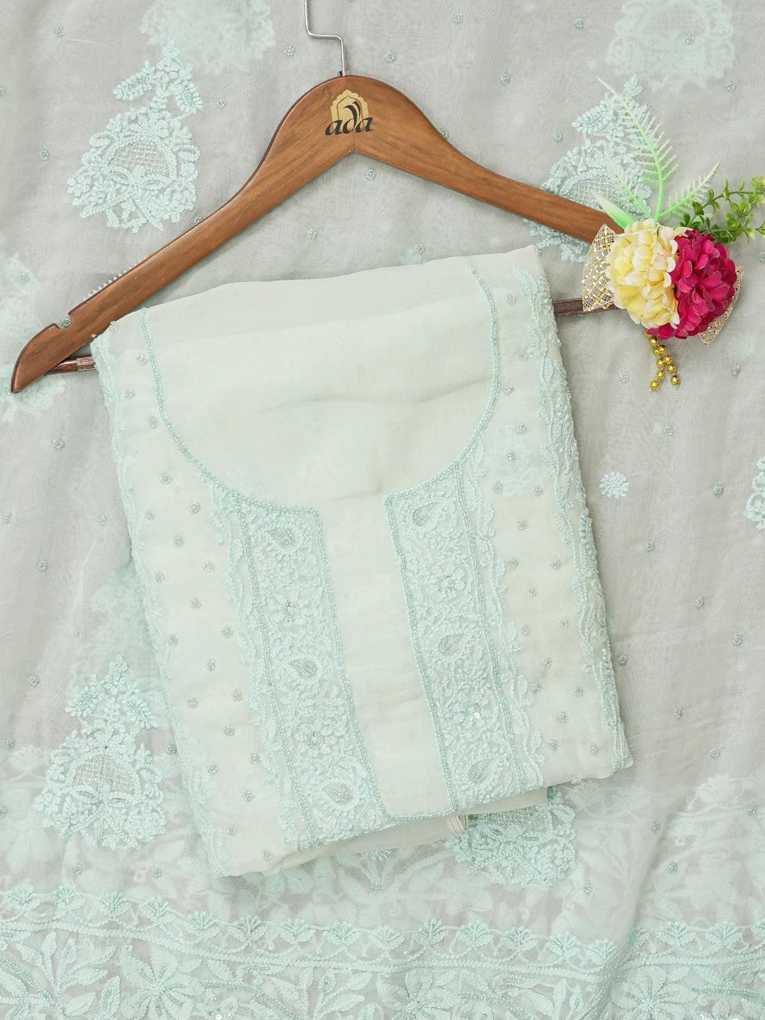 Ada Hand Embroidered Sea Green Organza Lucknowi Chikankari Unstitched Kurta Dupatta Set With Pearl Work 01A363178