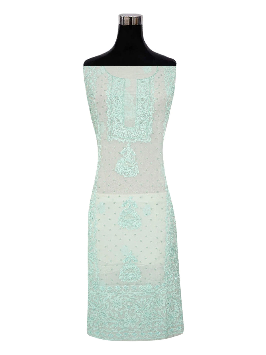 Ada Hand Embroidered Sea Green Organza Lucknowi Chikankari Unstitched Kurta Dupatta Set With Pearl Work 01A363178