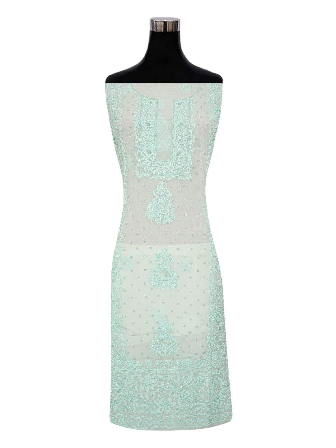 Ada Hand Embroidered Sea Green Organza Lucknowi Chikankari Unstitched Kurta Dupatta Set With Pearl Work 01A363178