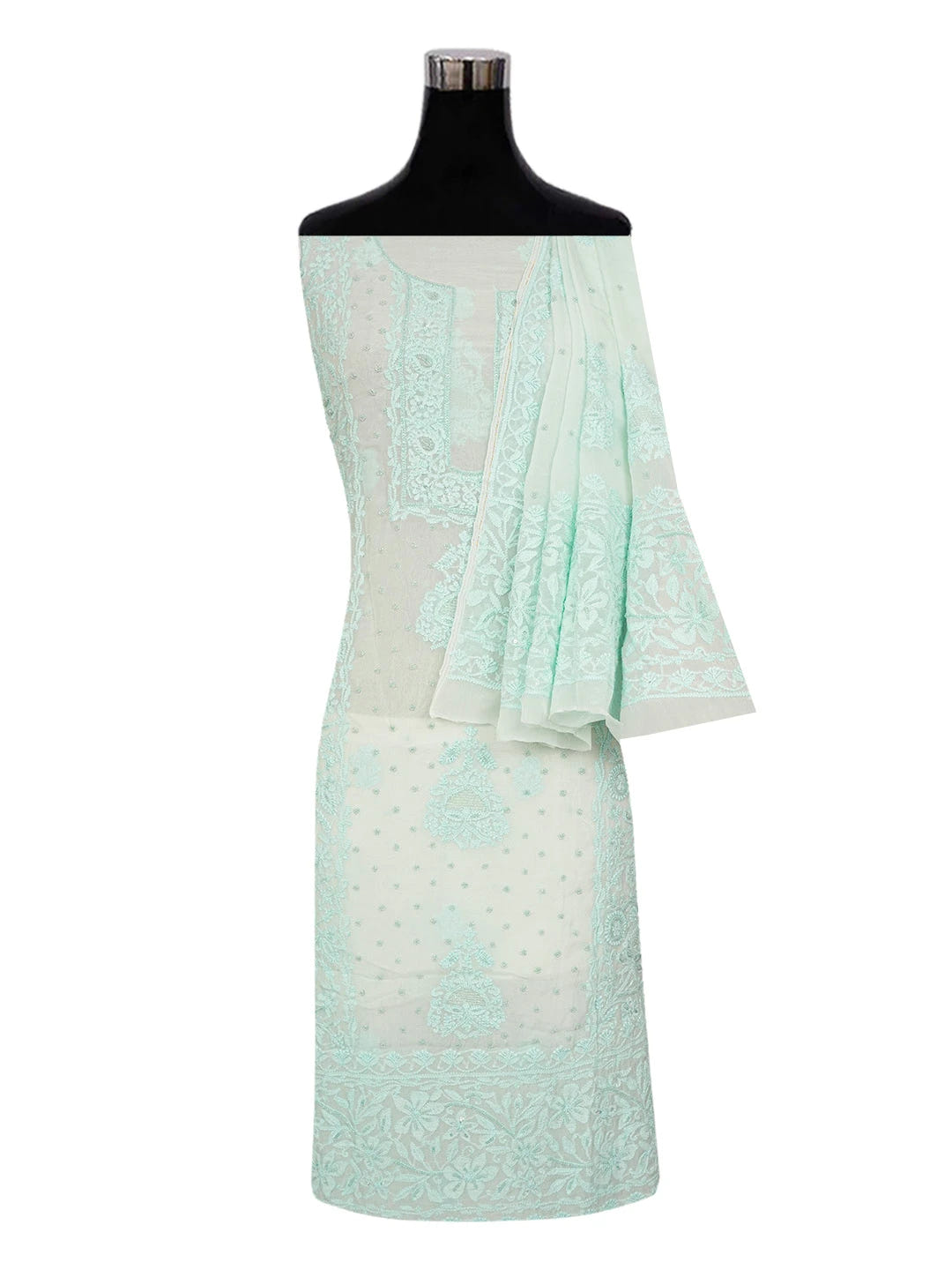 Ada Hand Embroidered Sea Green Organza Lucknowi Chikankari Unstitched Kurta Dupatta Set With Pearl Work 01A363178