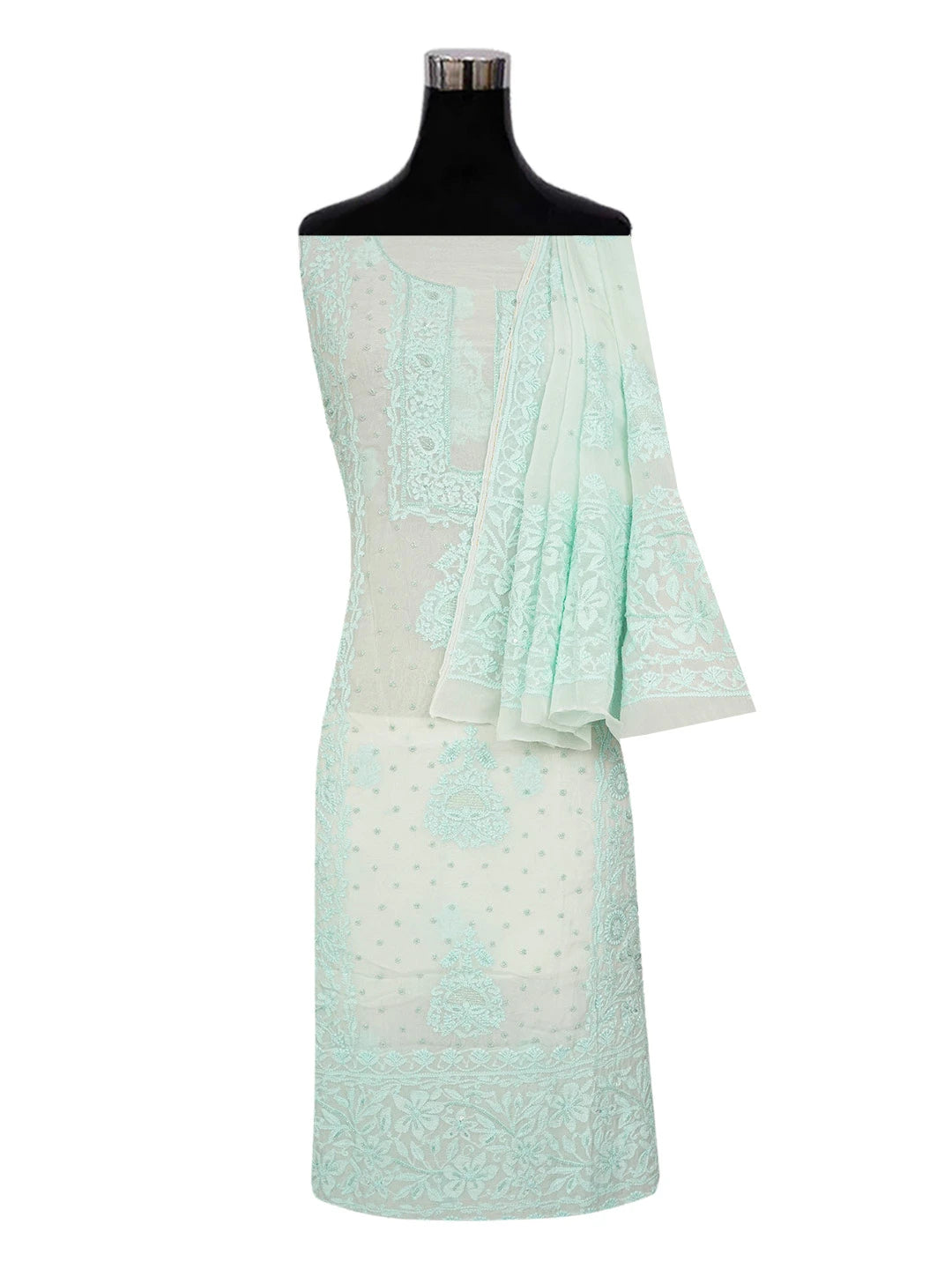 Ada Hand Embroidered Sea Green Organza Lucknowi Chikankari Unstitched Kurta Dupatta Set With Pearl Work 01A363178