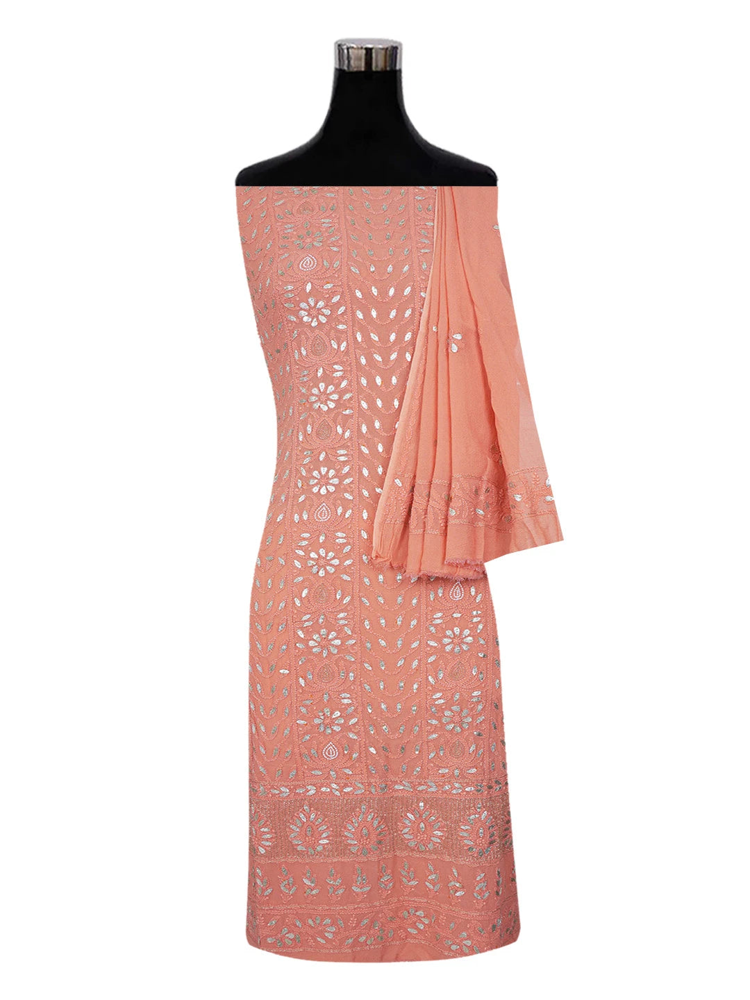Ada Hand Embroidered Coral Pink Viscose Georgette Lucknowi Chikankari Unstitched Kurta Dupatta Set With Gota Patti Work 01A612282