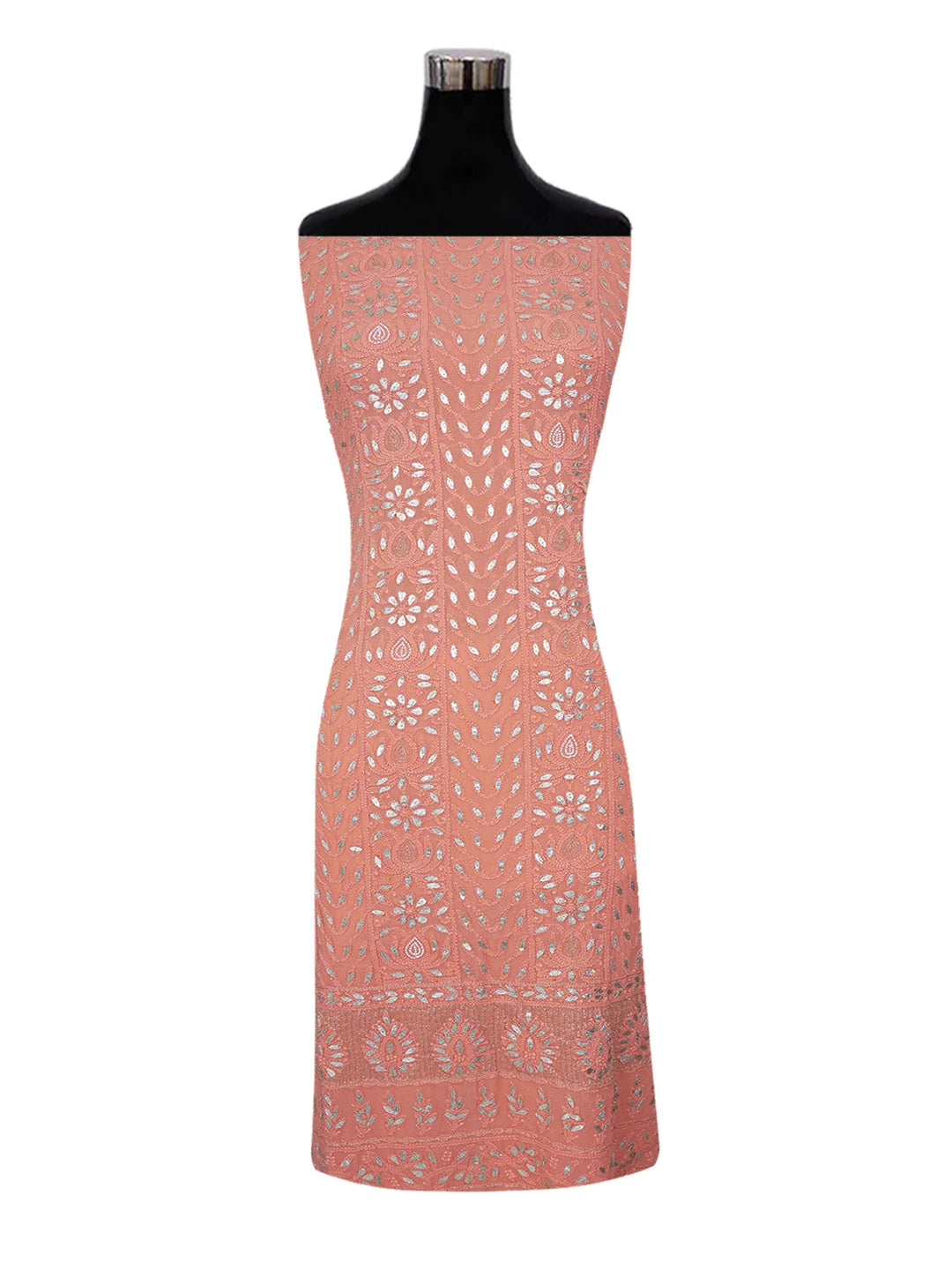 Ada Hand Embroidered Coral Pink Viscose Georgette Lucknowi Chikankari Unstitched Kurta Dupatta Set With Gota Patti Work 01A612282