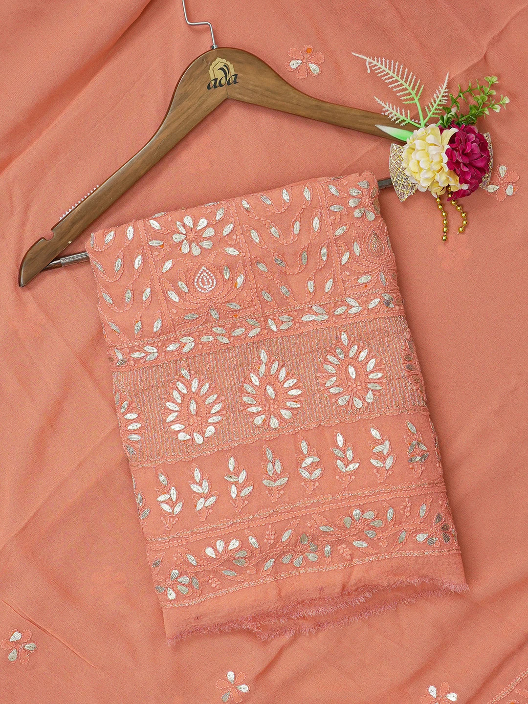 Ada Hand Embroidered Coral Pink Viscose Georgette Lucknowi Chikankari Unstitched Kurta Dupatta Set With Gota Patti Work 01A612282