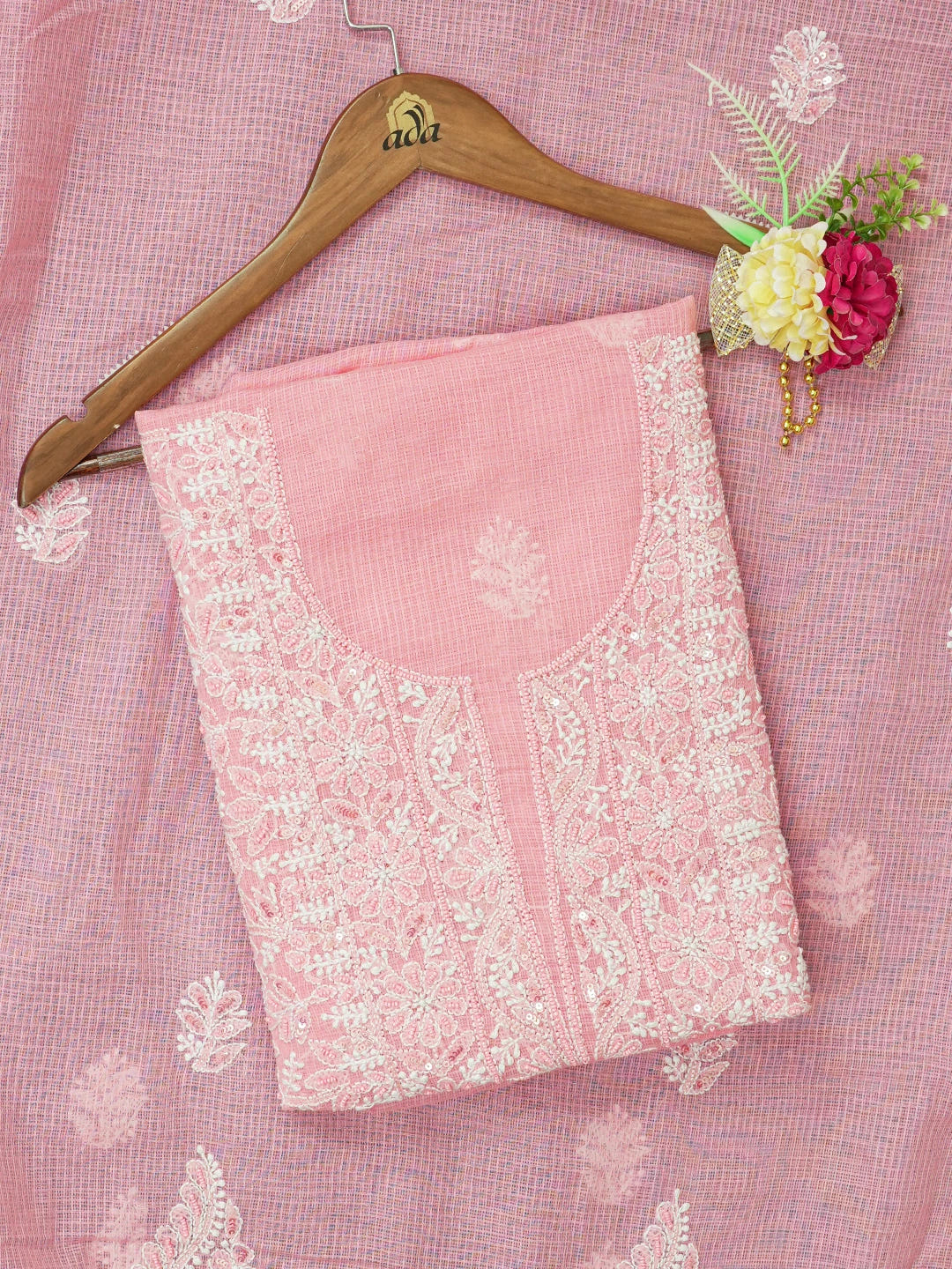 Ada Hand Embroidered Candlelight Peach Kota Lucknowi Chikankari Unstitched Kurta Dupatta Set With Sequinned Work 01A581980