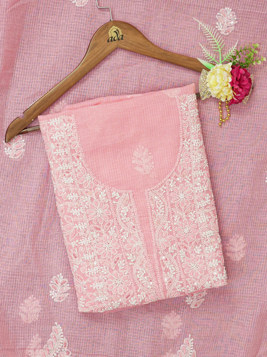 Ada Hand Embroidered Candlelight Peach Kota Lucknowi Chikankari Unstitched Kurta Dupatta Set With Sequinned Work 01A581980