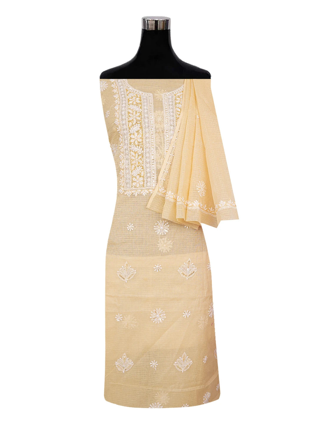 Ada Hand Embroidered Fawn Kota Lucknowi Chikankari Unstitched Kurta Dupatta Set With Sequinned Work 01A548929