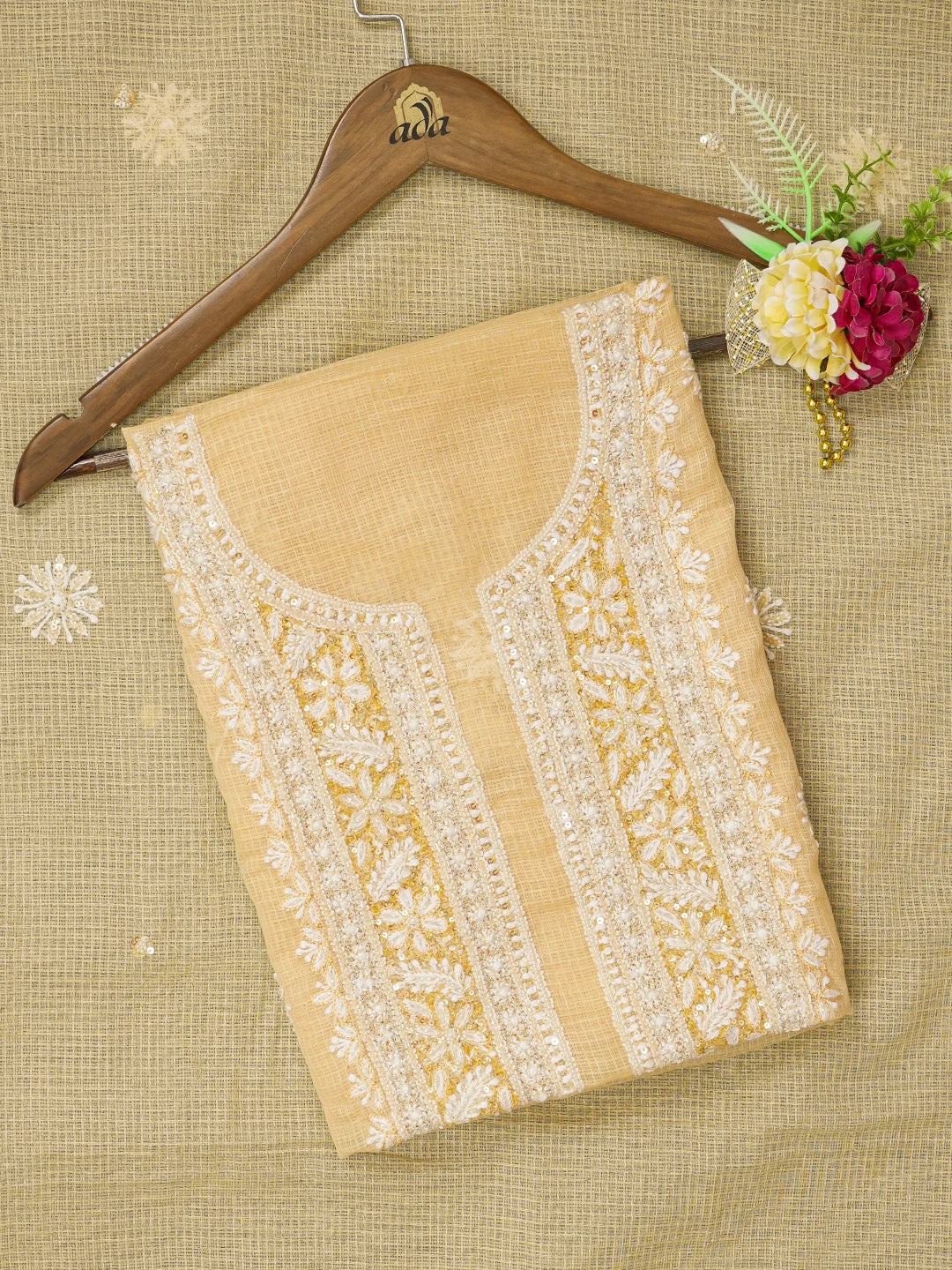Ada Hand Embroidered Fawn Kota Lucknowi Chikankari Unstitched Kurta Dupatta Set With Sequinned Work 01A548929