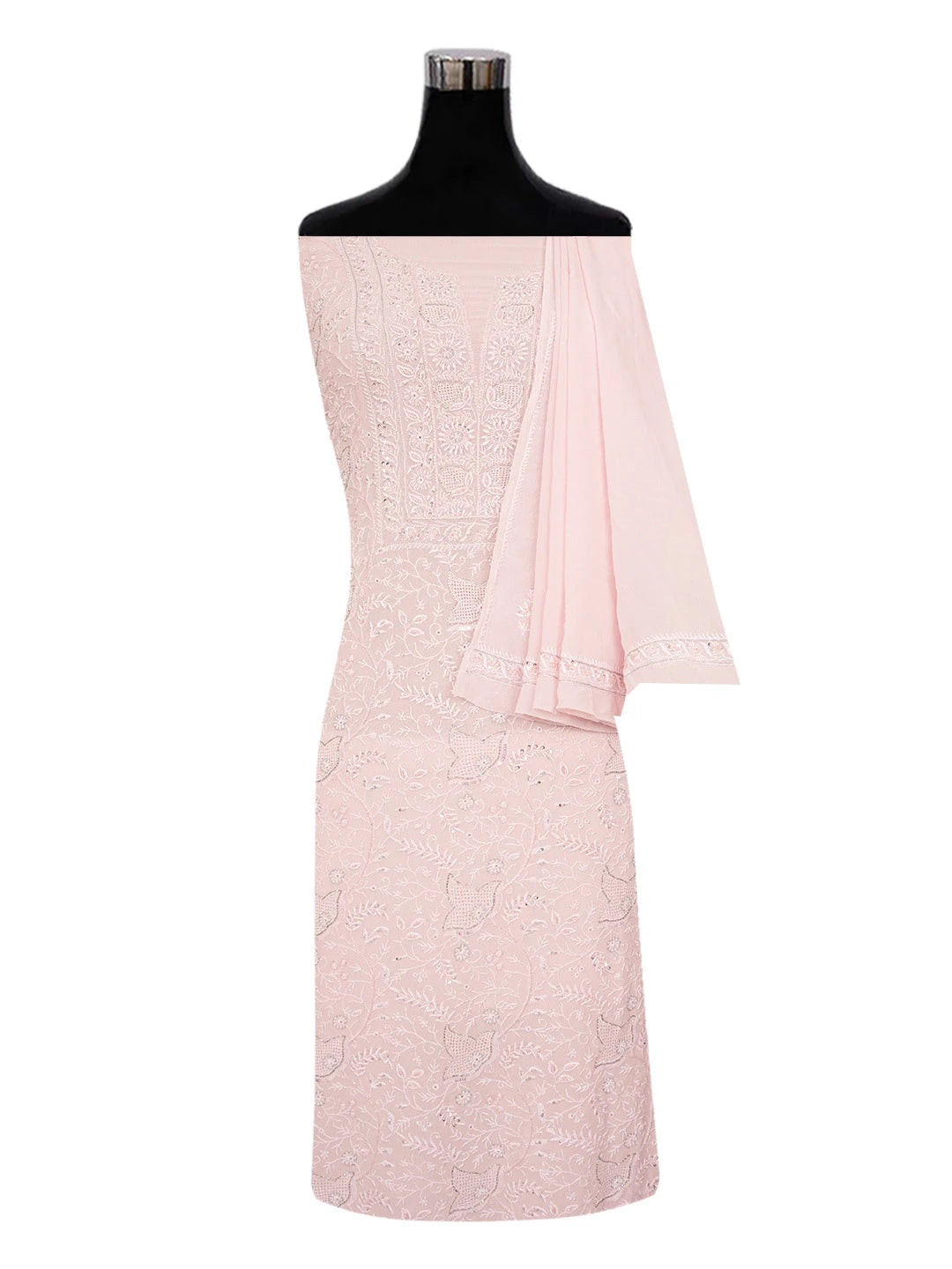 Ada Hand Embroidered Pink Pure Georgette Lucknowi Chikankari Unstitched Kurta Dupatta Set With Cutdana Work 01A517325