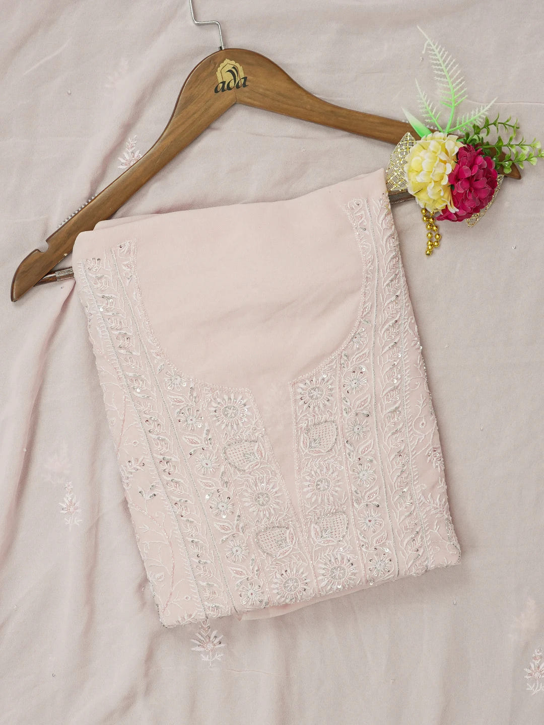 Ada Hand Embroidered Pink Pure Georgette Lucknowi Chikankari Unstitched Kurta Dupatta Set With Cutdana Work 01A517325