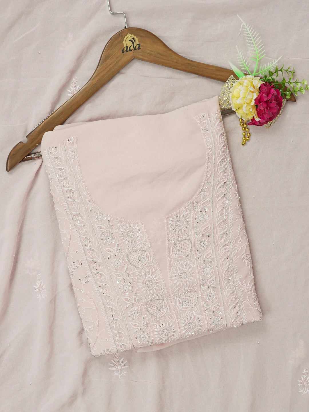 Ada Hand Embroidered Pink Pure Georgette Lucknowi Chikankari Unstitched Kurta Dupatta Set With Cutdana Work 01A517325