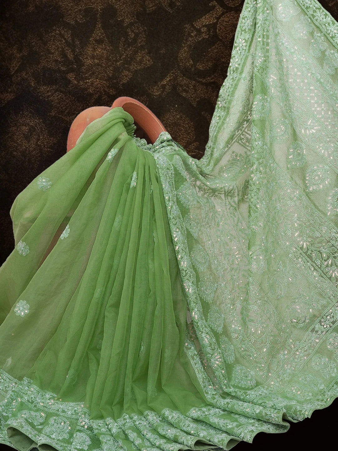 Ada Hand Embroidered Asparagus Green Organza Lucknowi Chikankari Saree and Blouse With Sequinned Work 01A573625