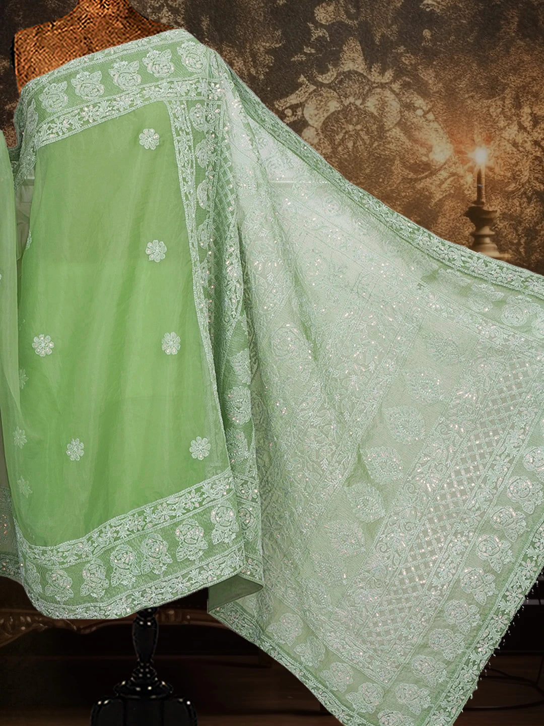 Ada Hand Embroidered Asparagus Green Organza Lucknowi Chikankari Saree and Blouse With Sequinned Work 01A573625