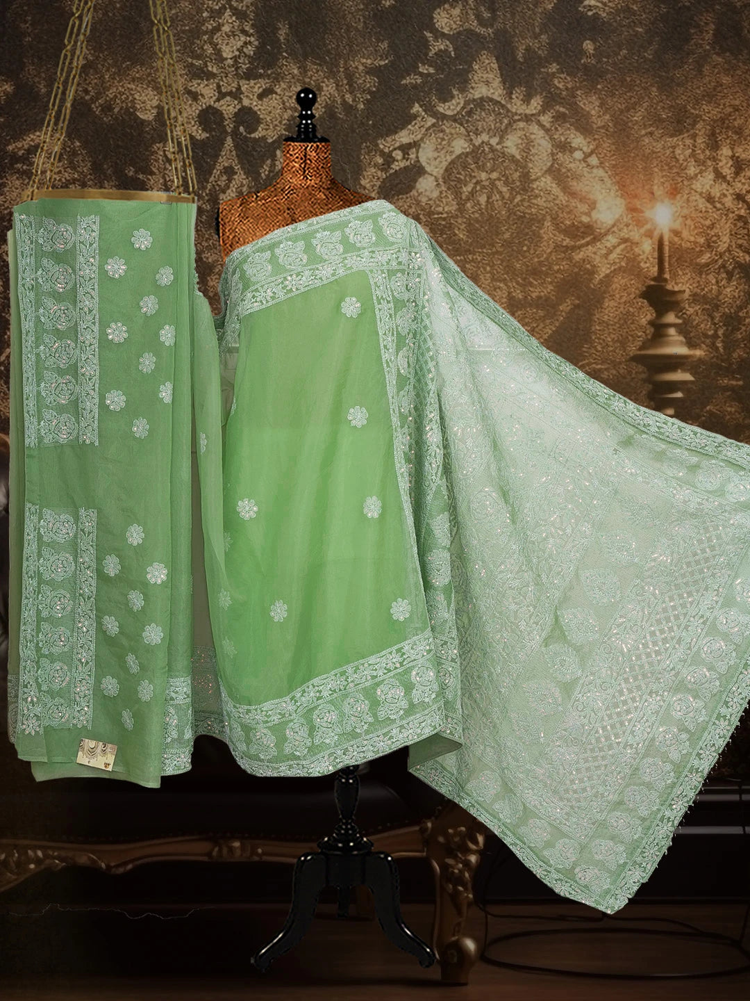 Ada Hand Embroidered Asparagus Green Organza Lucknowi Chikankari Saree and Blouse With Sequinned Work 01A573625
