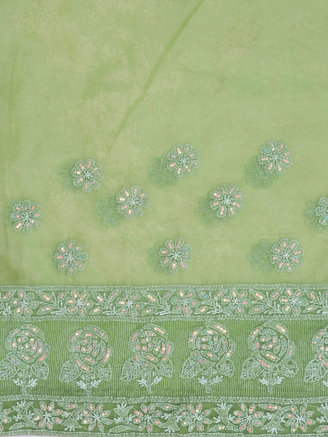 Ada Hand Embroidered Asparagus Green Organza Lucknowi Chikankari Saree and Blouse With Sequinned Work 01A573625