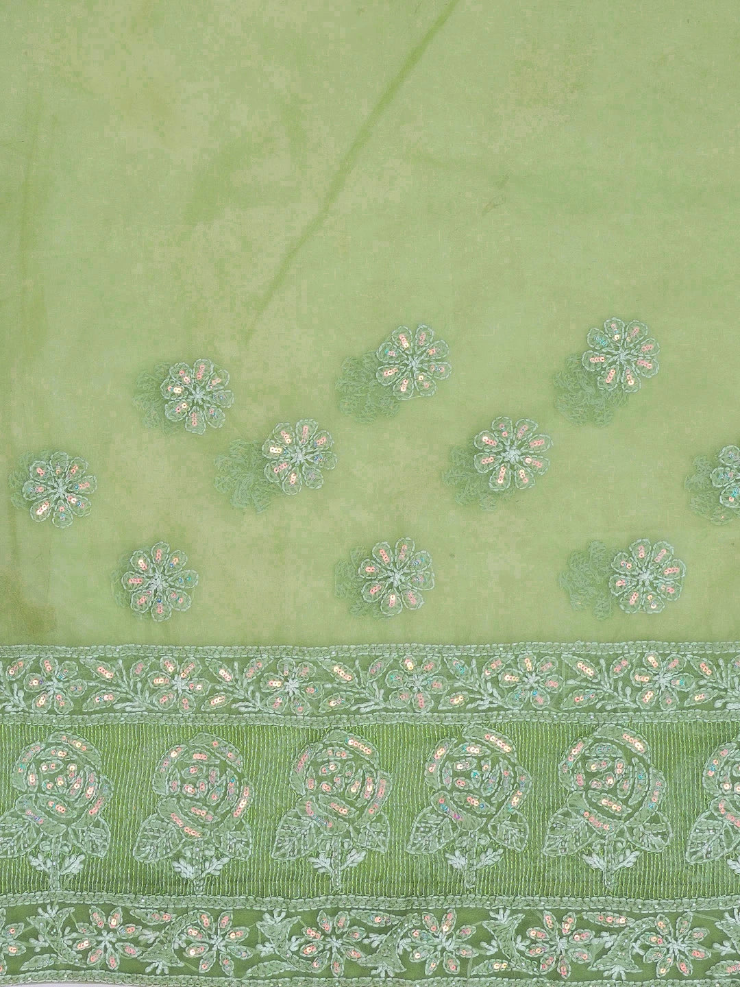 Ada Hand Embroidered Asparagus Green Organza Lucknowi Chikankari Saree and Blouse With Sequinned Work 01A573625