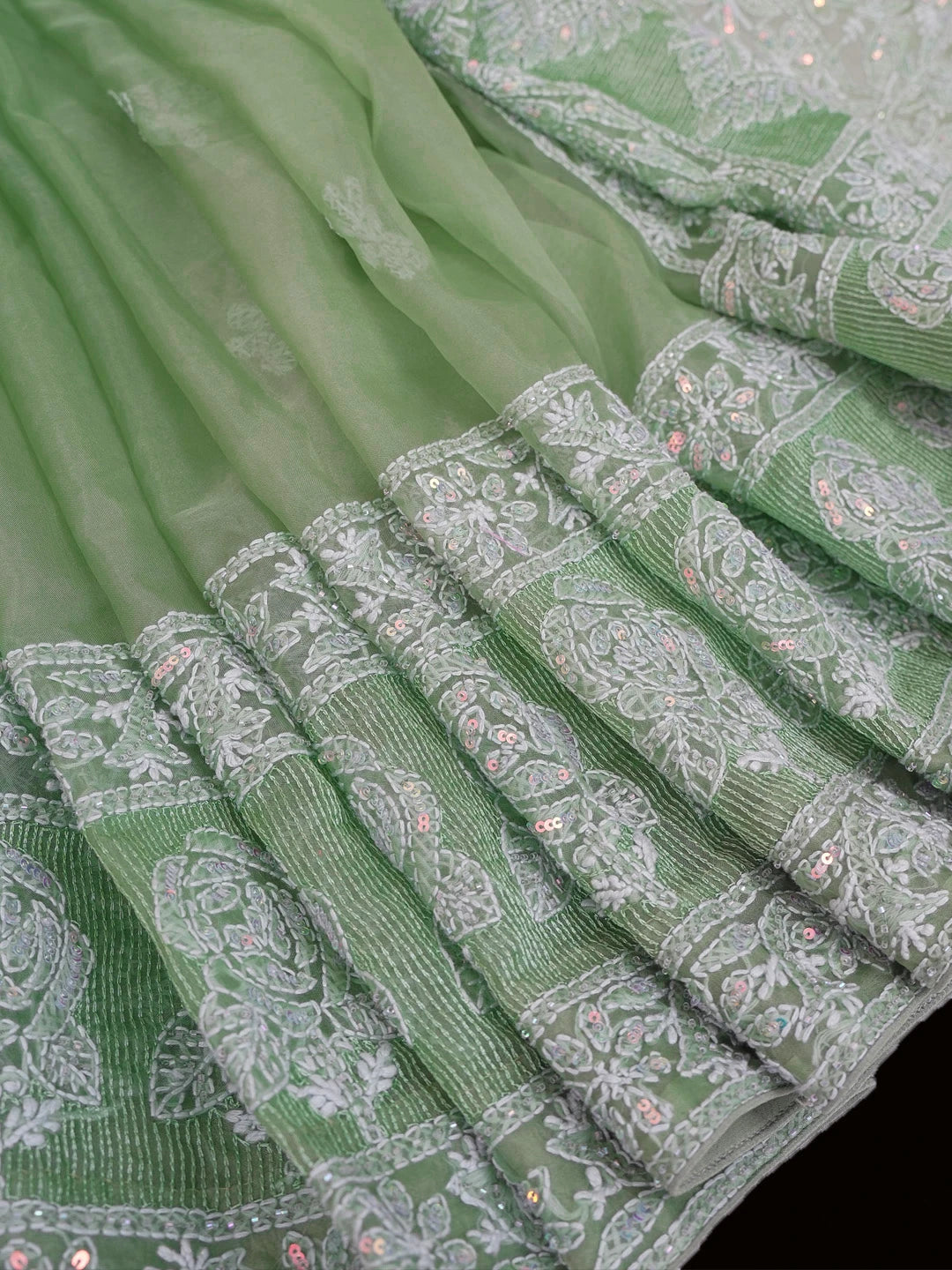 Ada Hand Embroidered Asparagus Green Organza Lucknowi Chikankari Saree and Blouse With Sequinned Work 01A573625