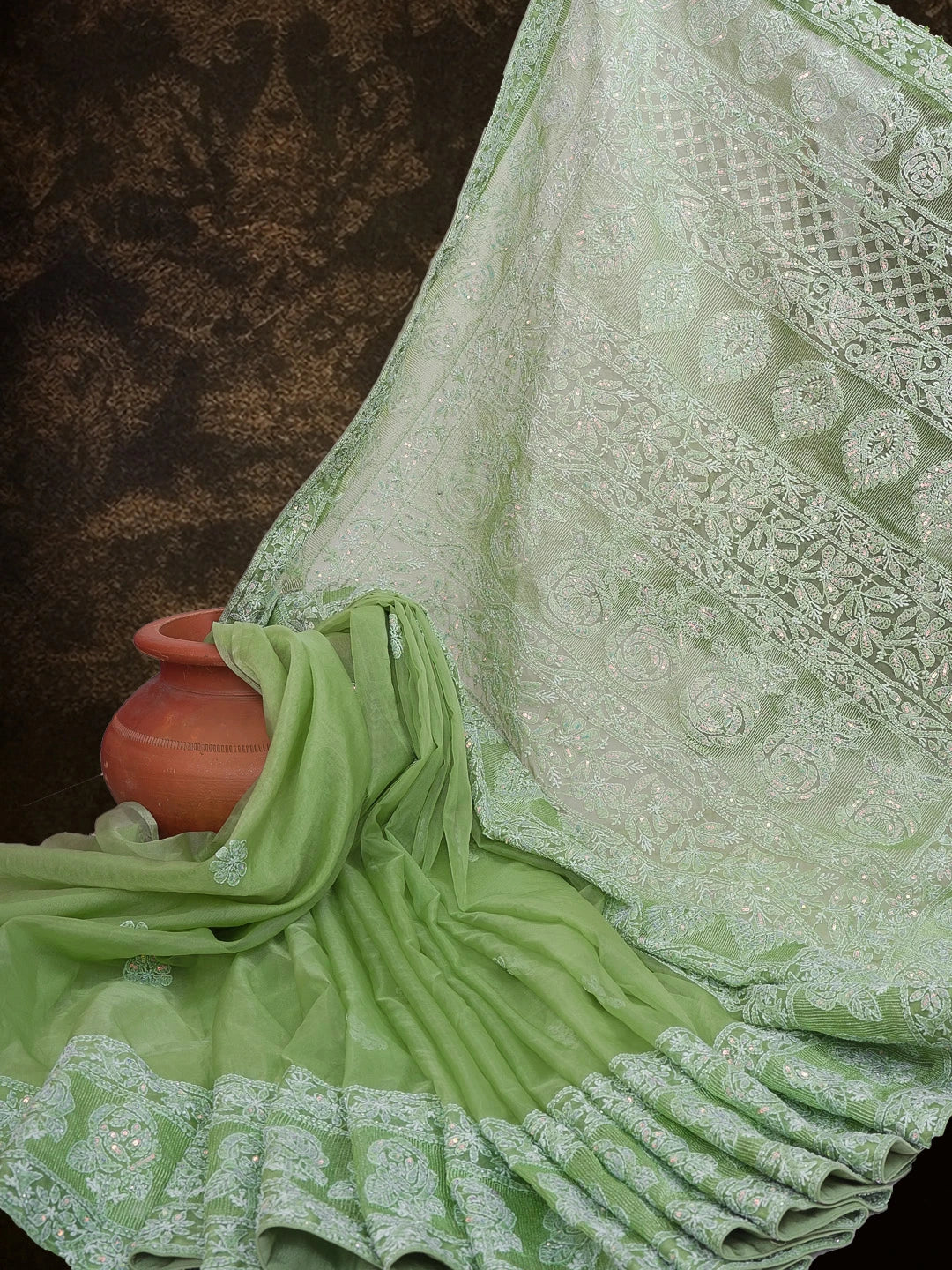 Ada Hand Embroidered Asparagus Green Organza Lucknowi Chikankari Saree and Blouse With Sequinned Work 01A573625