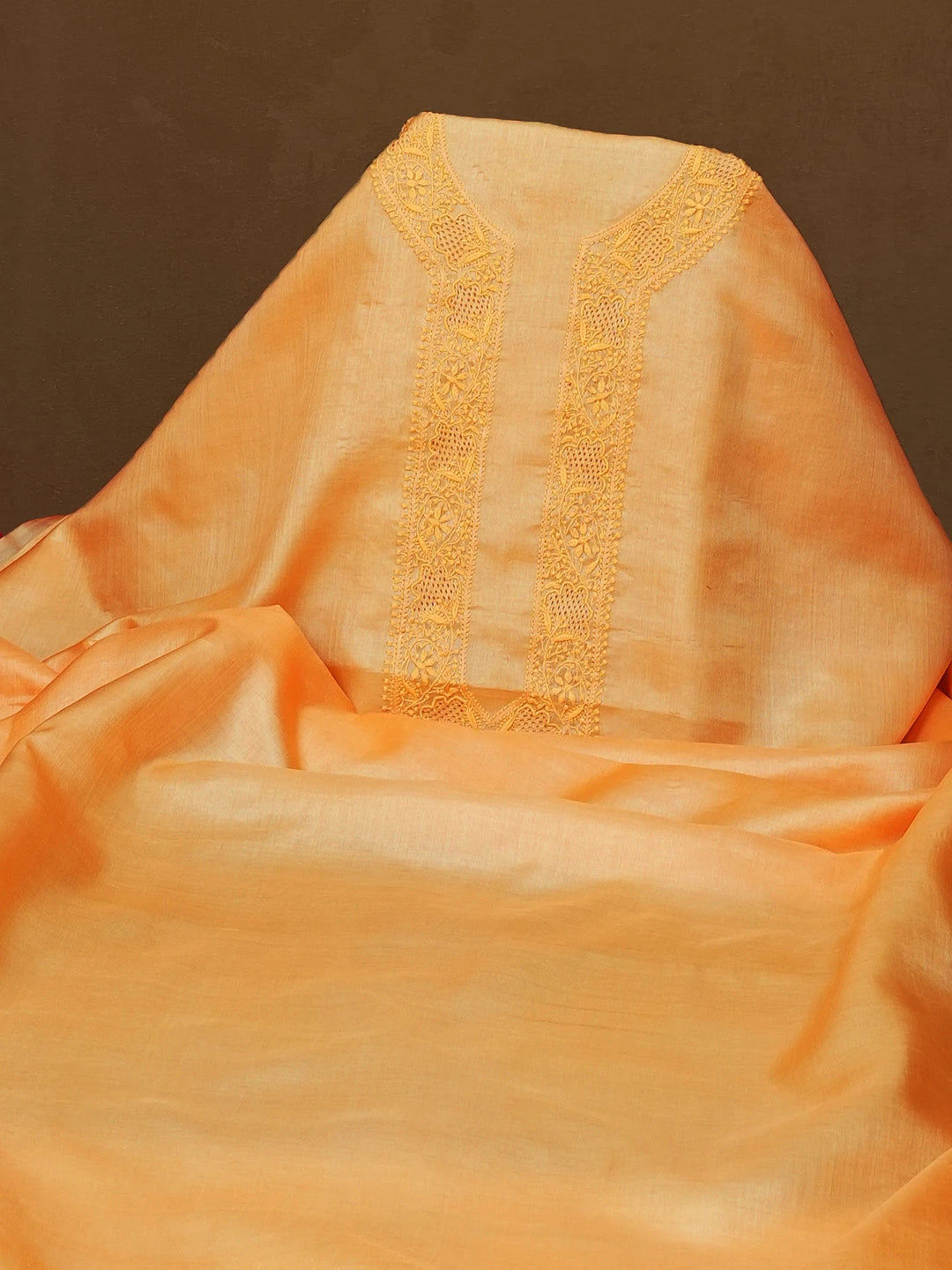 Ada Hand Embroidered Tangerine Silk Lucknowi Chikankari Men's Kurta Piece 01A627028