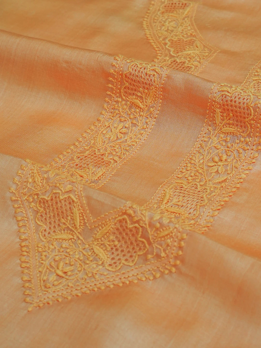 Ada Hand Embroidered Tangerine Silk Lucknowi Chikankari Men's Kurta Piece 01A627028