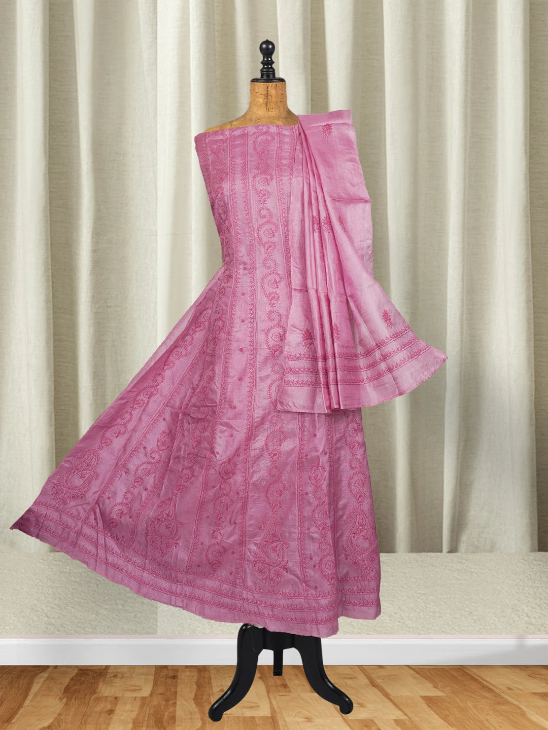 Ada Hand Embroidered Onion Pink Silk Lucknowi Chikankari Semi-Stitched Anarkali Kurta Dupatta Set 01A626995