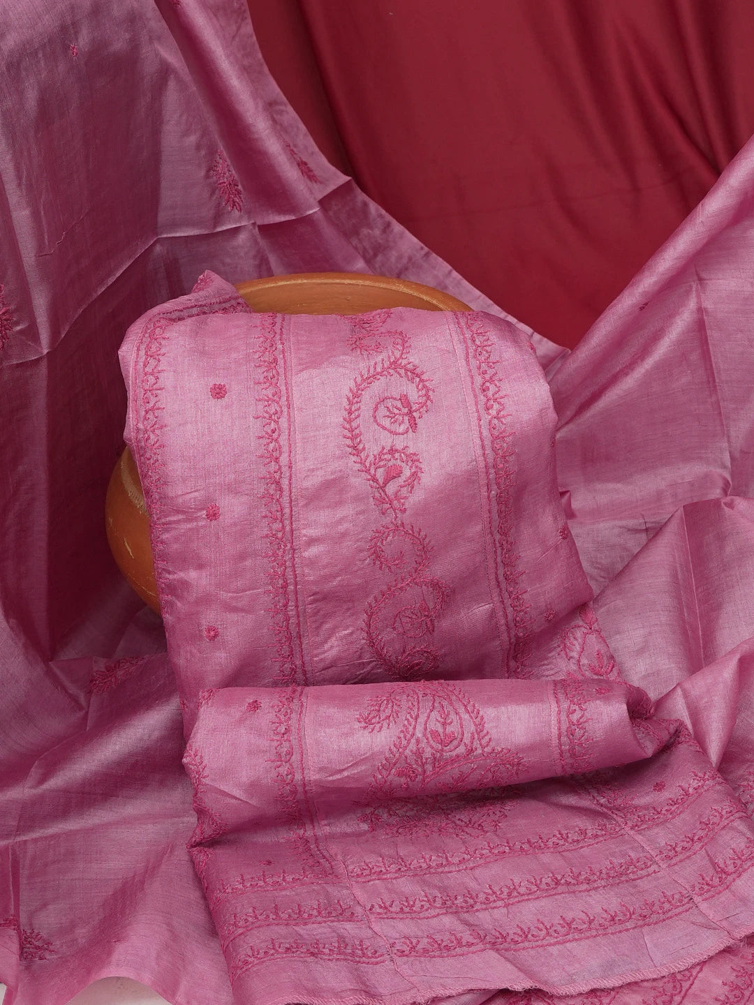 Ada Hand Embroidered Onion Pink Silk Lucknowi Chikankari Semi-Stitched Anarkali Kurta Dupatta Set 01A626995