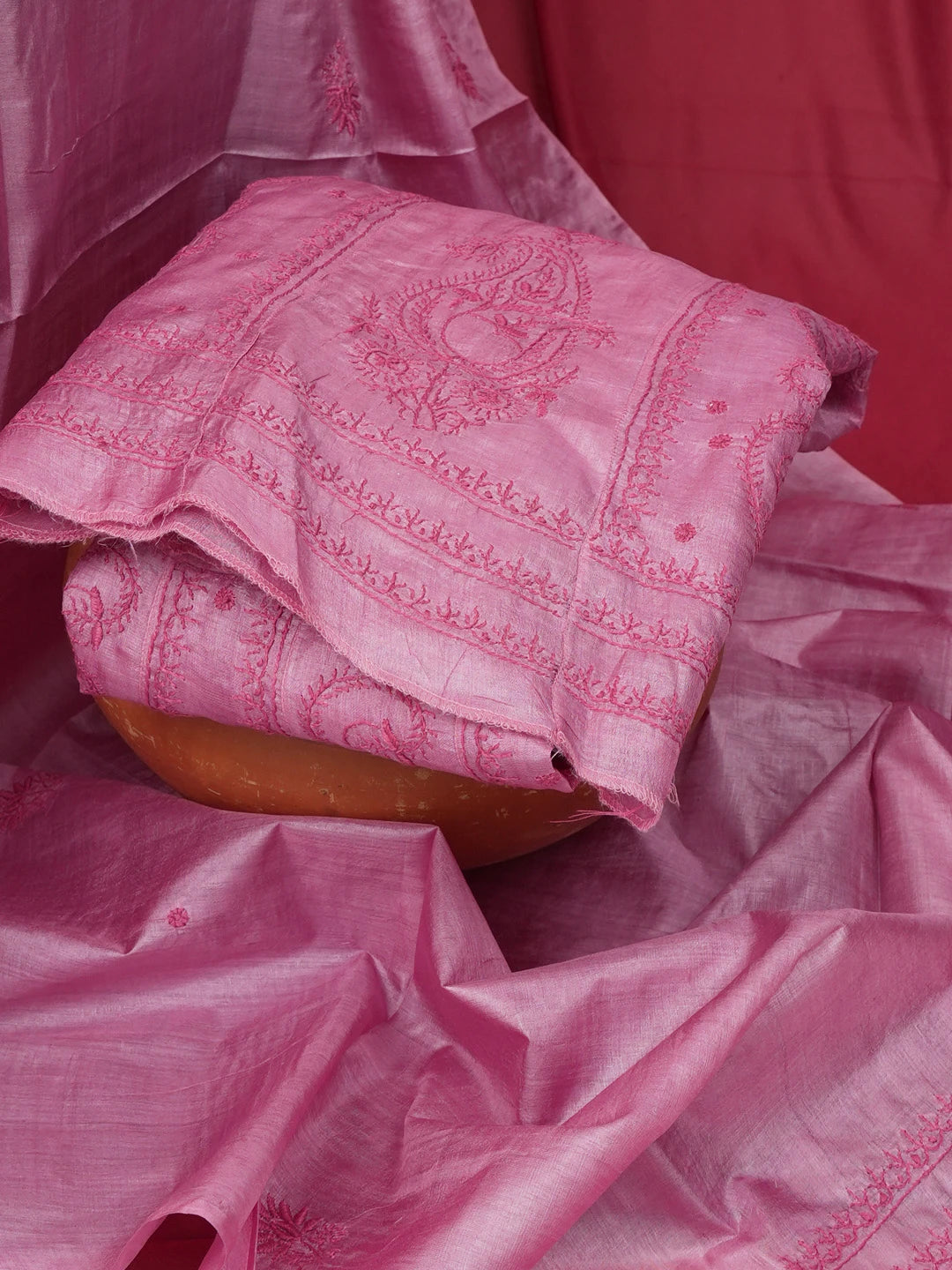 Ada Hand Embroidered Onion Pink Silk Lucknowi Chikankari Semi-Stitched Anarkali Kurta Dupatta Set 01A626995