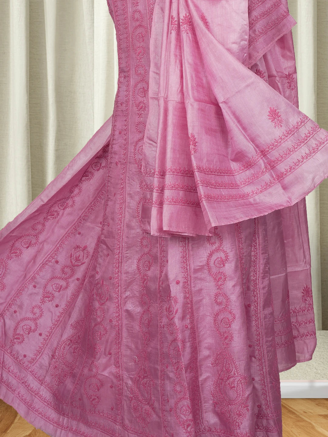 Ada Hand Embroidered Onion Pink Silk Lucknowi Chikankari Semi-Stitched Anarkali Kurta Dupatta Set 01A626995