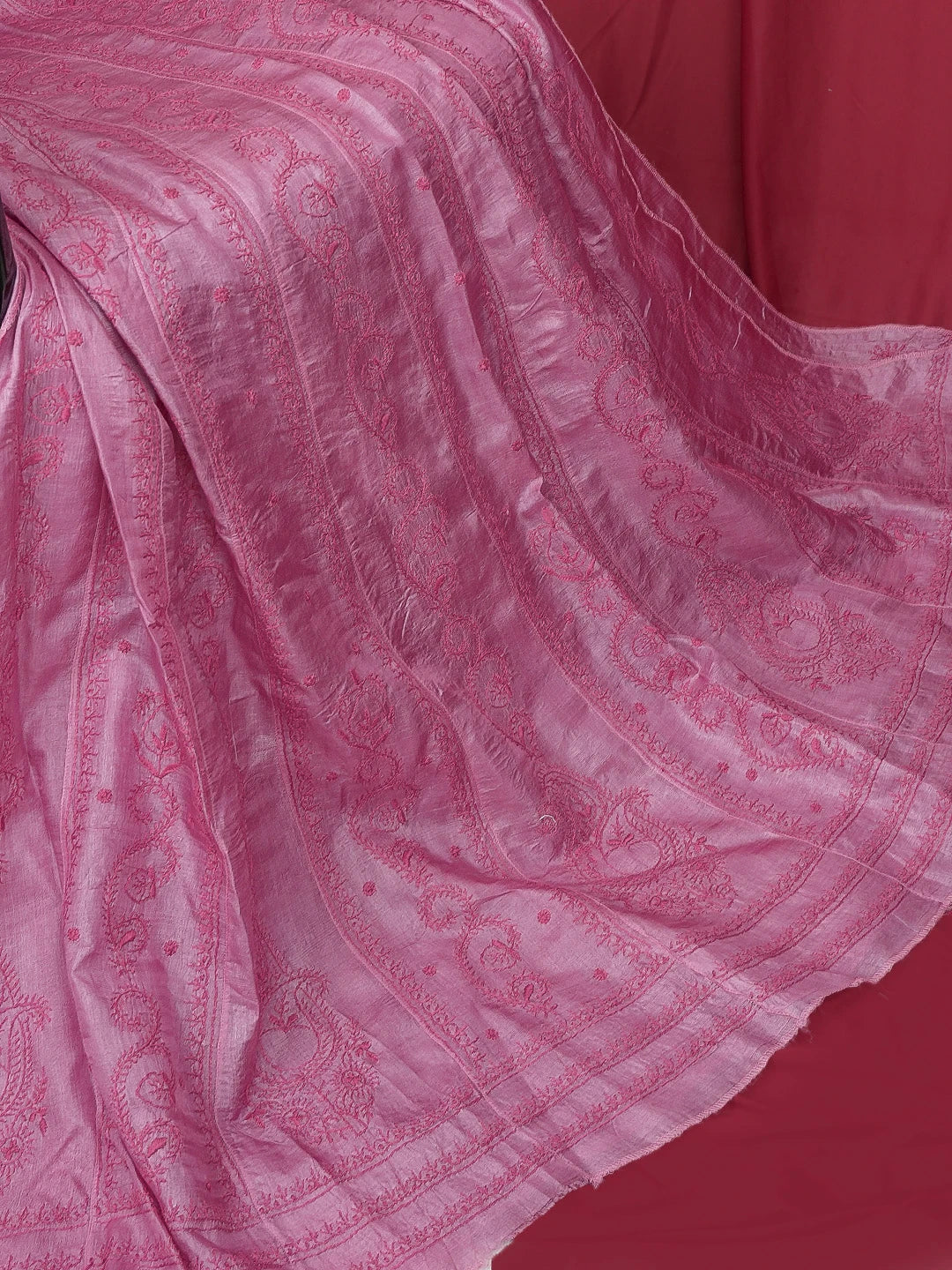 Ada Hand Embroidered Onion Pink Silk Lucknowi Chikankari Semi-Stitched Anarkali Kurta Dupatta Set 01A626995